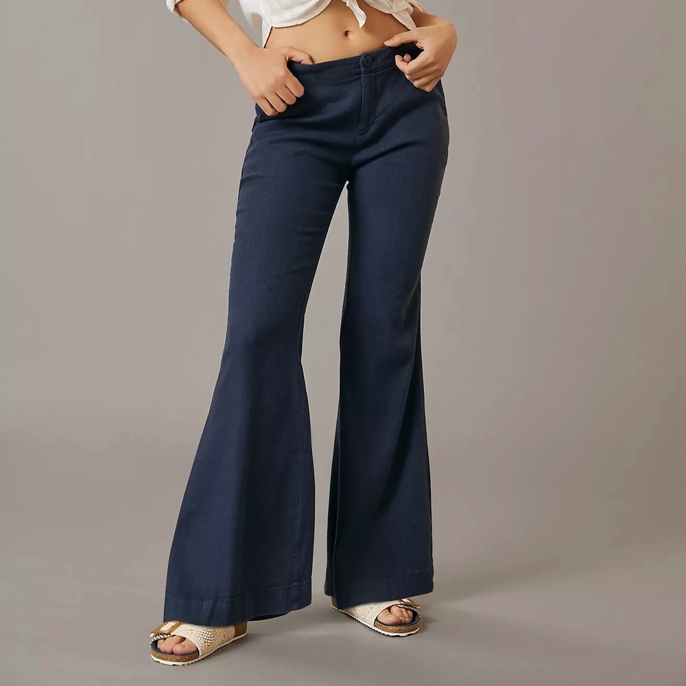 By Anthropologie Navy Blue Low-Rise Linen Blend Flare Trousers 10